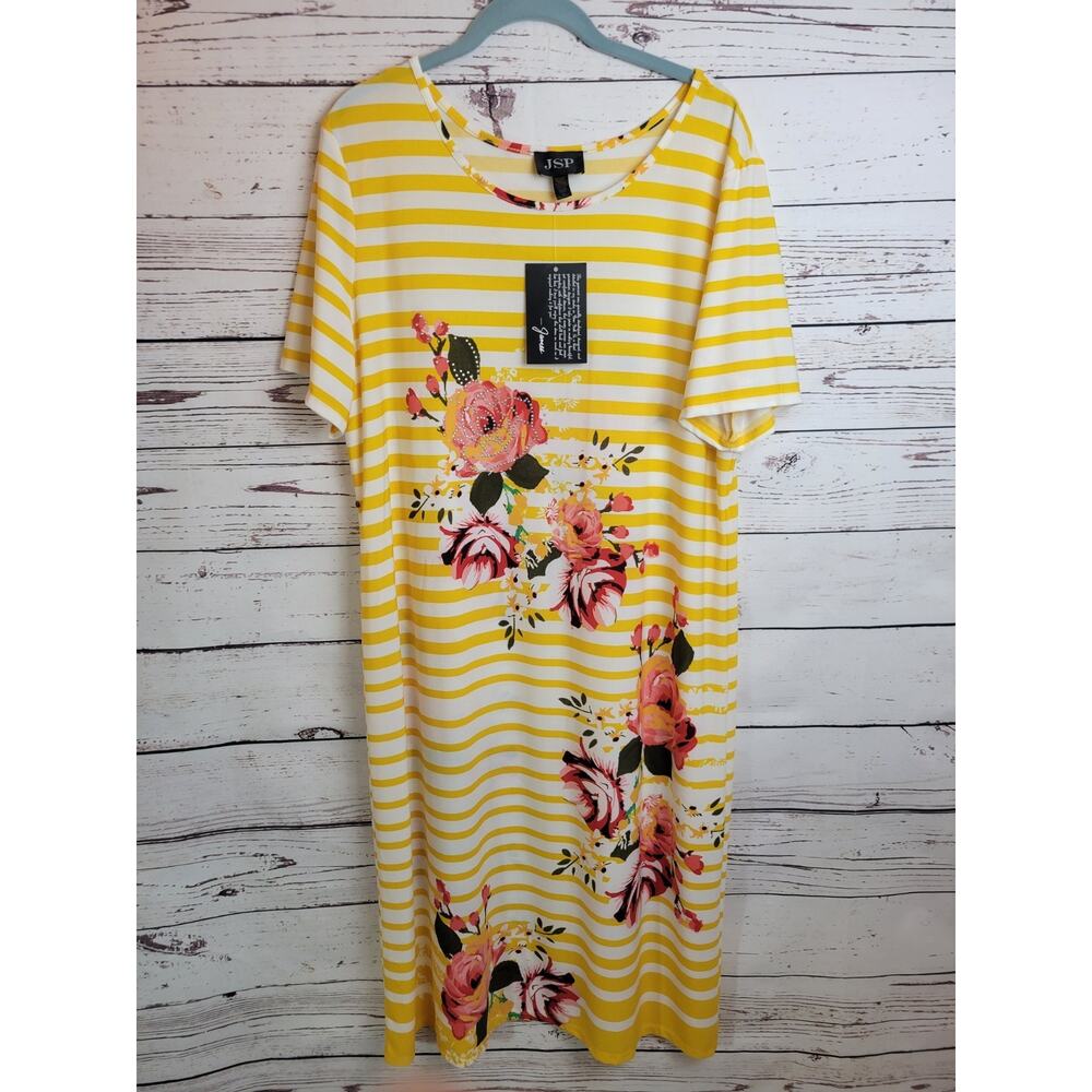 NWT JSP Yellow‎ Striped Floral Gem Studded Midi Shift Dress Women's Size XL